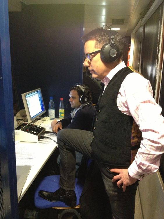 J-W artist and international fencing commentator David King in the broadcast booth with his 'Rocky's