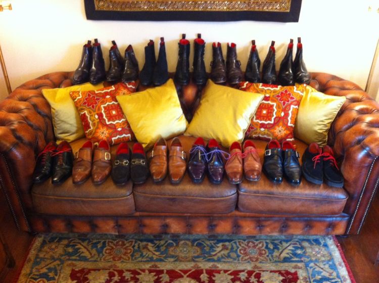 Mark Massingham's collection lounging on his leather Chesterfield