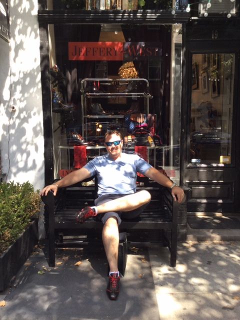 Mr Stuart Gale relaxing outside our New York store sporting the Lennon - Jet Set Driver Trainers in 