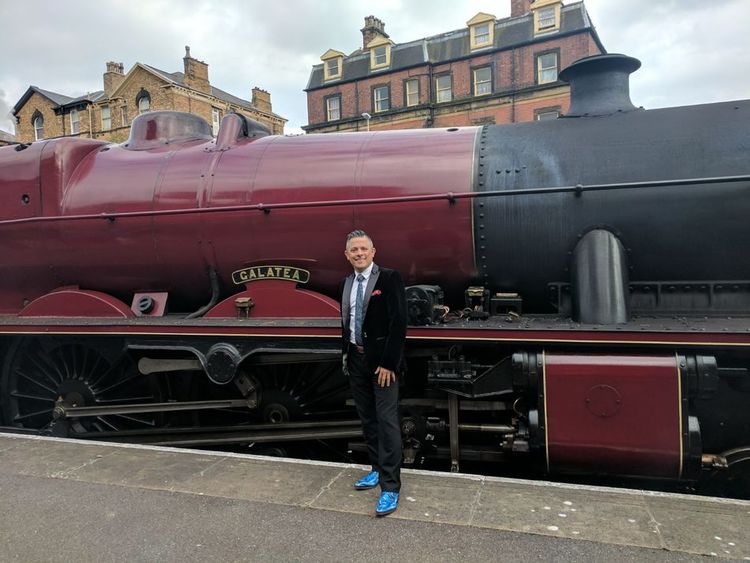Jubilee class steam engine called 'Galatea' and Jeffery West blue shoes first outing on Sunny Curwen